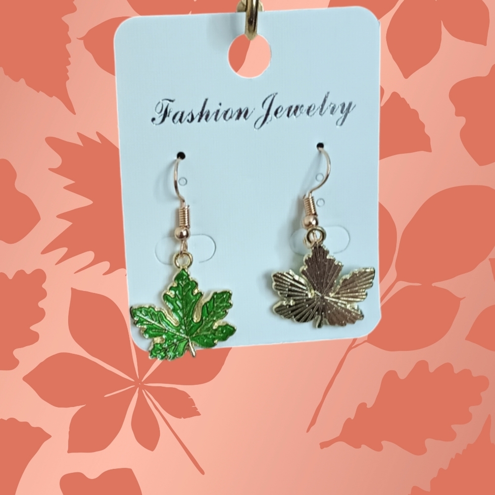 Green Maple Leaf Earrings - Picture 3 of 6
